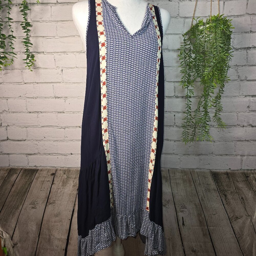 KAREN KANE SLEEVELESS DRESS NAVY & PRINTED FRONT INSETS HIGH LOW RUFFLE HEM MED